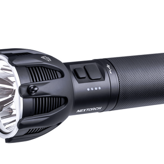 Image of black flashlight that has two side buttons. On brand for NEXTORCH flashlights