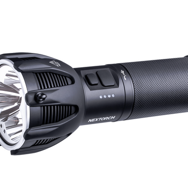 Image of black flashlight that has two side buttons. On brand for NEXTORCH flashlights