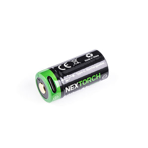 NEXTORCH 16340 battery featuring USB-C direct charging for convenient power replenishment