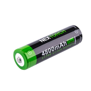 High-capacity 21700 Li-ion battery from NEXTORCH, featuring USB-C charging, 4800mAh power, and multiple circuit protections for safety.