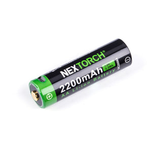 NEXTORCH AA rechargeable battery compared to a standard AA battery, showcasing its higher 2200mAh capacity.